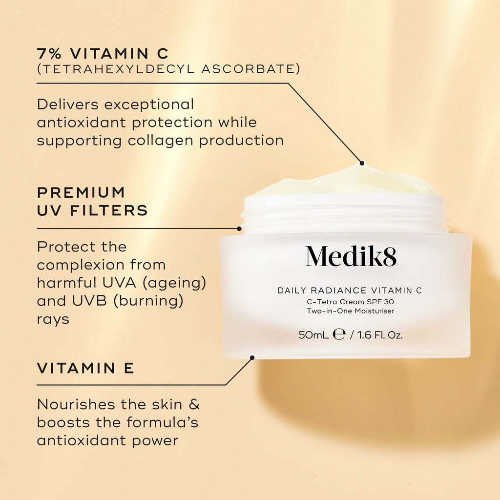 Medik8 DAILY RADIANCE VITAMIN C™
C-Tetra 7% Vitamin C Cream SPF 30 Two-in-One Moisturiser