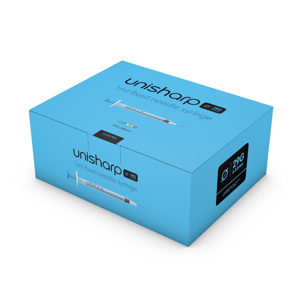 Unisharp 1ml Fixed 29G 0.5" Blue x 100